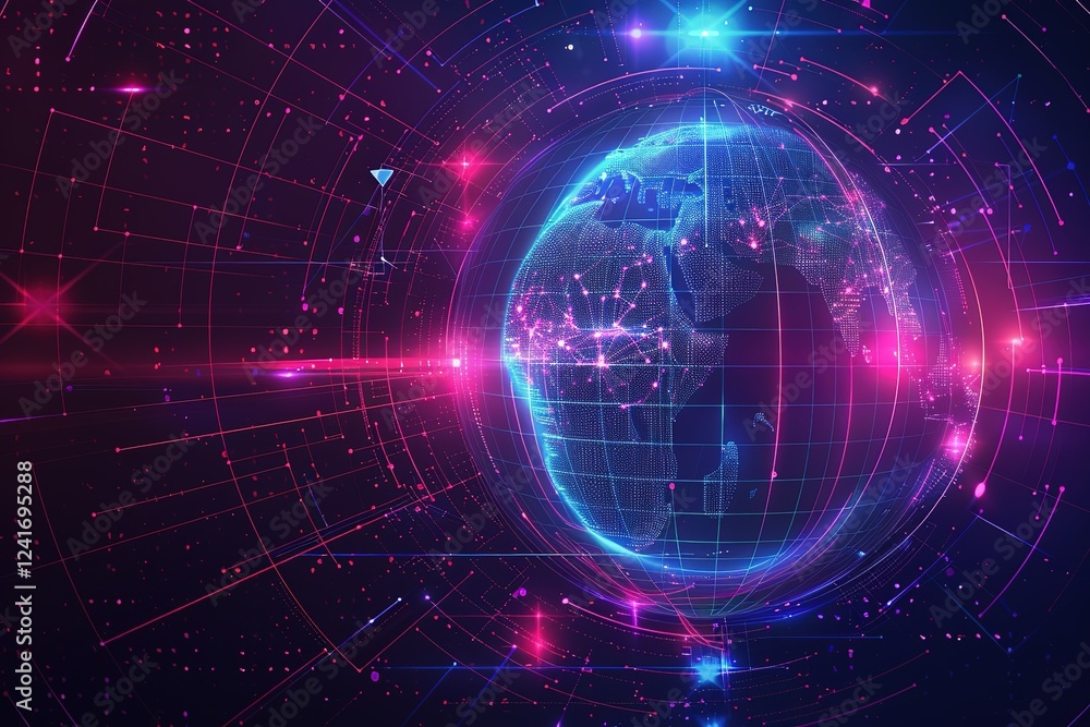 seamless pattern flat illustration style, world map A globe of a planet surrounded by neural neon nexus lines, grid and nodes. Creative concept of technological progress, the World Wide Web. seamless pattern flat illustration style, world map A globe of a planet surrounded by neural neon nexus lines, grid and nodes. Creative concept of technological progress, the World Wide Web.