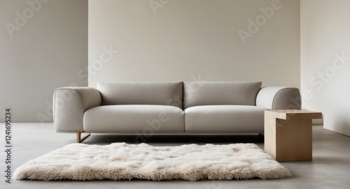 Modern Living Room Interior Stylish Sofa Wooden Stool Fluffy Rug. photo