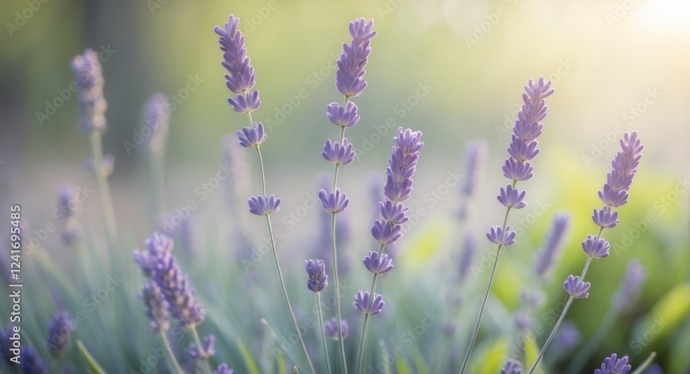 Fototapeta premium Lavender blooms in sharp focus with gentle spring sunlight and greenery