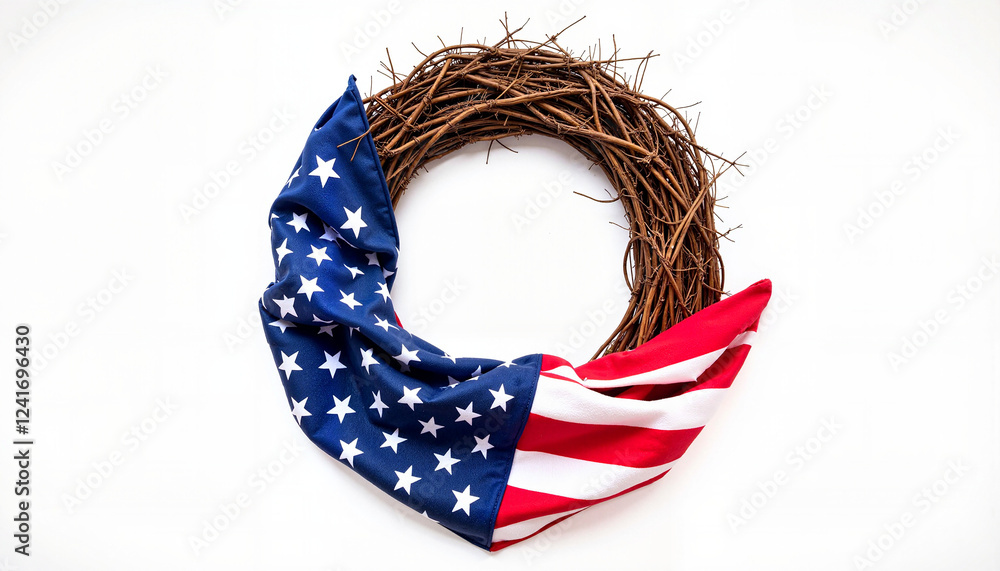 Fototapeta premium American flag wreath with rustic twigs on white background