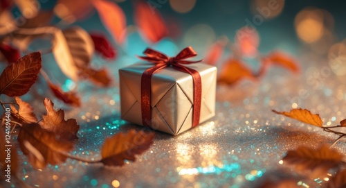 Festive Gift Box on Glittery Surface with Autumn Leaves