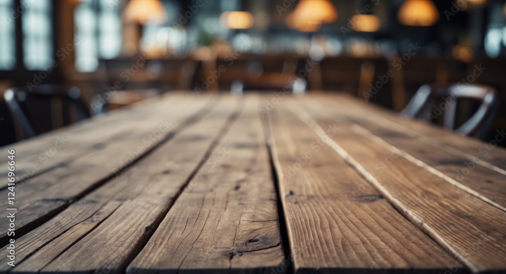 Wooden table with a blurred restaurant background Wooden table with a blurred restaurant background