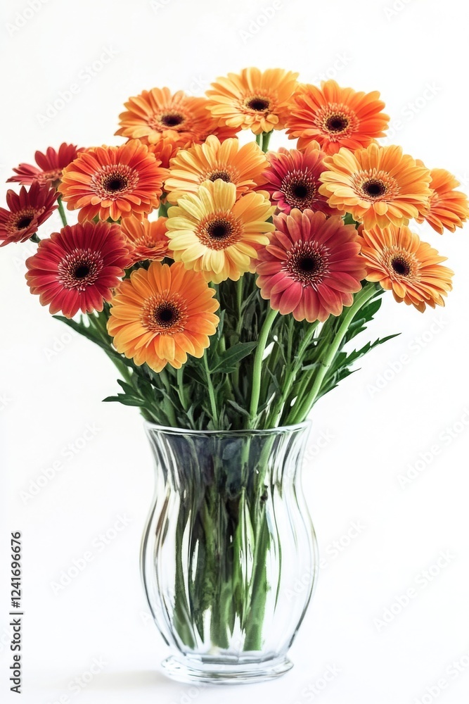 A decorative vase filled with bright orange and yellow sunflowers, perfect for home decor or office space A decorative vase filled with bright orange and yellow sunflowers, perfect for home decor or office space