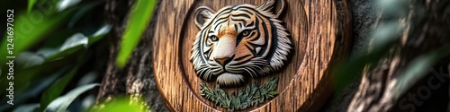 A detailed wooden carving of a tiger on a tree trunk, perfect for wildlife or nature themed designs photo