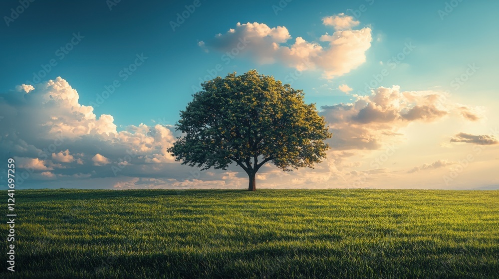 Fototapeta premium Majestic tree standing alone in a lush green field under a dramatic sky nature landscape