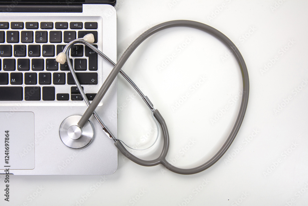 Telehealth, medical stethoscope and computer laptop on white Telehealth, medical stethoscope and computer laptop on white