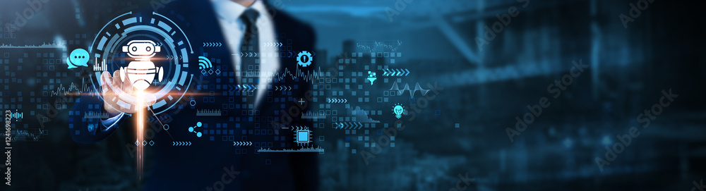 Obraz premium Chatbots: Artificial Intelligence, automation, machine learning, customer service, natural language processing, user interaction, virtual assistants, Businessman analyses chatbots technological data.