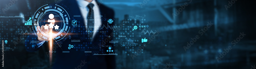 Customer Satisfaction: Quality service, feedback analysis, user experience, problem-solving, client engagement, performance metrics, Businessman analyzes customer satisfaction technological data. Customer Satisfaction: Quality service, feedback analysis, user experience, problem-solving, client engagement, performance metrics, Businessman analyzes customer satisfaction technological data.