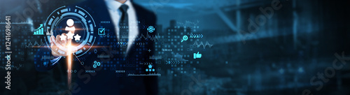 Customer Satisfaction: Quality service, feedback analysis, user experience, problem-solving, client engagement, performance metrics,  Businessman analyzes customer satisfaction technological data.
