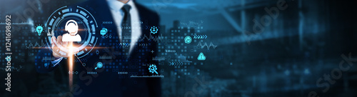 Fotografie Customer Support: Communication, problem-solving, responsiveness, efficiency, assistance, service, feedback, Businessman analyzes customer support technological data