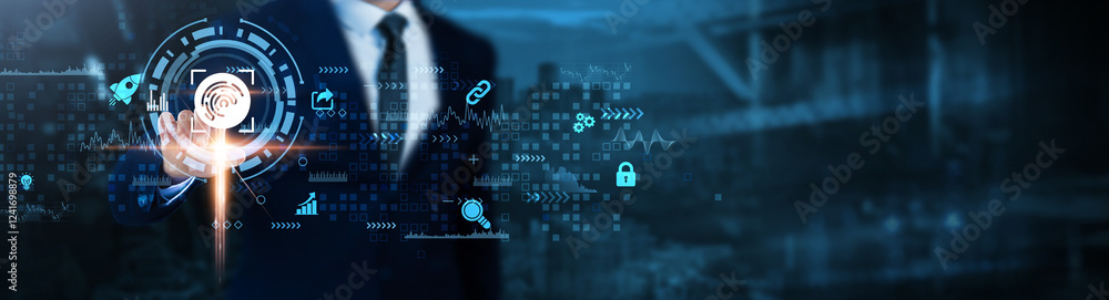 Digital Forensics: Data recovery, security breach, cyber investigation, forensic tools, data preservation, legal compliance, Businessman analyzes digital forensics technological data.