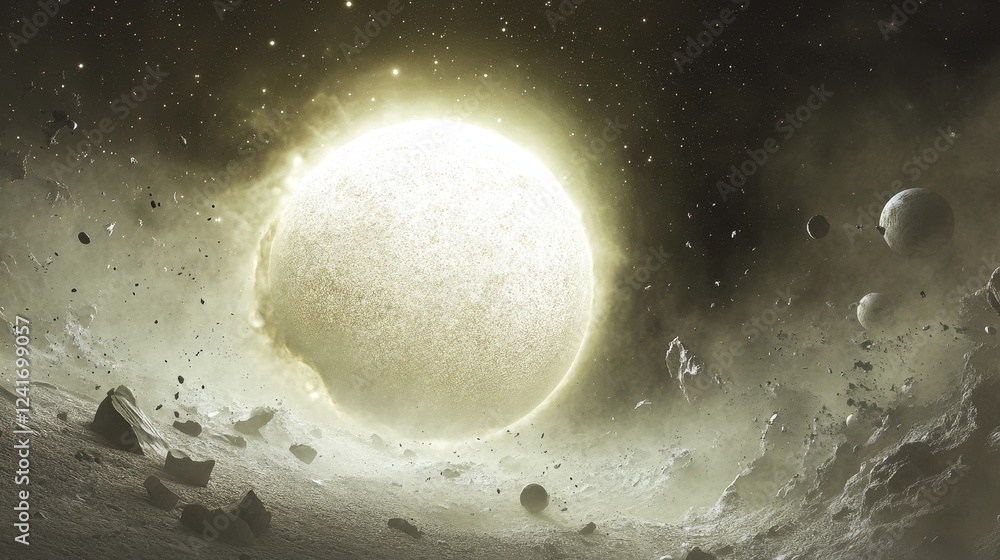 Obraz premium Celestial Body and Debris Field - A luminous celestial body dominates a scene of space debris and rocky fragments. The light illuminates the dust and rock, creating a dramatic cosmic landscape.