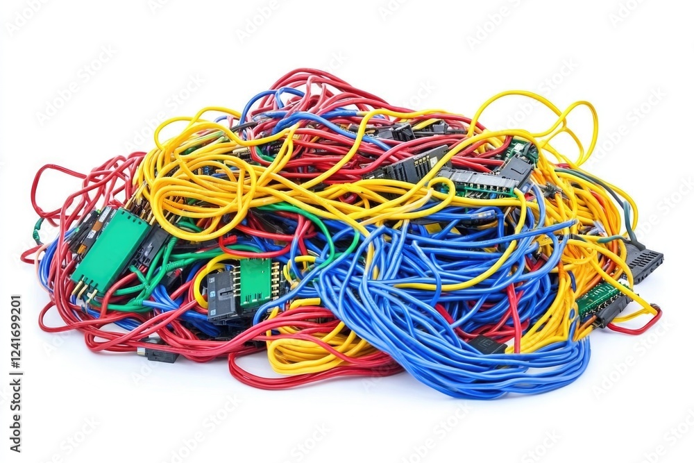 A pile of electrical cables and wires on a white background A pile of electrical cables and wires on a white background