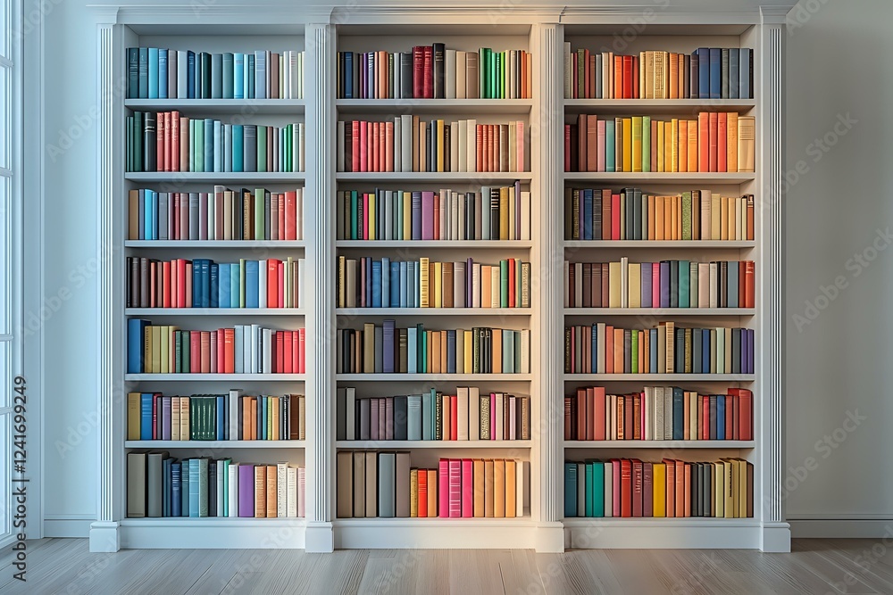 Built-in white bookshelf with colorful books arranged by spectrum creates rainbow effect against white wall, natural light from window illuminates modern home library. Built-in white bookshelf with colorful books arranged by spectrum creates rainbow effect against white wall, natural light from window illuminates modern home library.