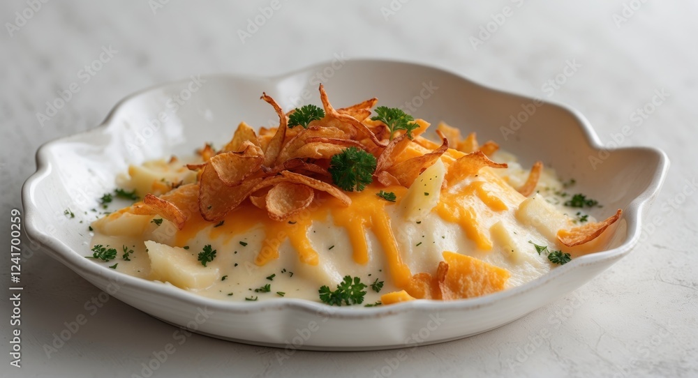 Creamy Baked Dish with Golden Cheese and Crispy Potatoes on White Plate. Creamy Baked Dish with Golden Cheese and Crispy Potatoes on White Plate.