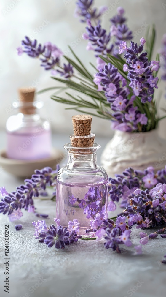 Lavender essential oil bottles botanical garden calm environment close-up view aromatherapy concept Lavender essential oil bottles botanical garden calm environment close-up view aromatherapy concept
