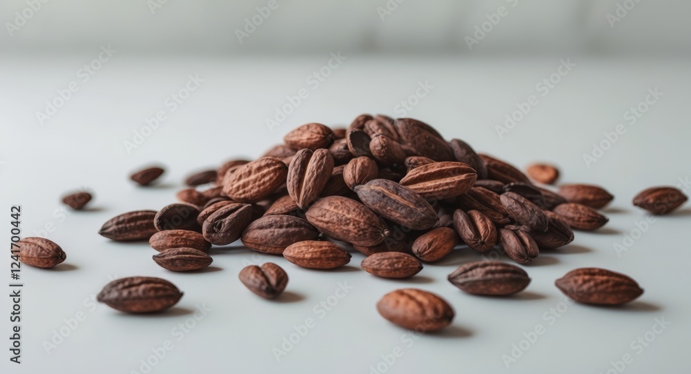 Naklejka premium Cocoa beans scattered on a white surface showcasing their rich brown color and unique oval shapes.
