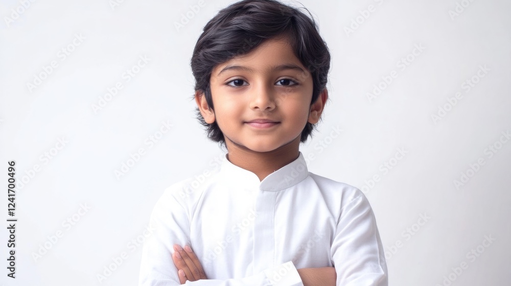 Portrait of confident South Asian boy in white karate uniform posing with arms crossed on neutral background in Mumbai Maharashtra India Portrait of confident South Asian boy in white karate uniform posing with arms crossed on neutral background in Mumbai Maharashtra India