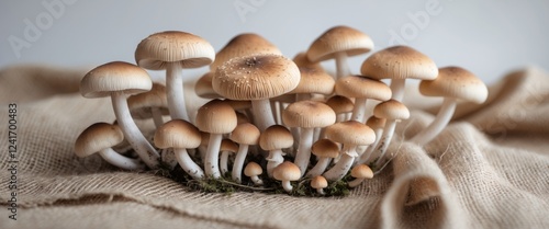 Cluster of wild mushrooms resting on burlap fabric photo