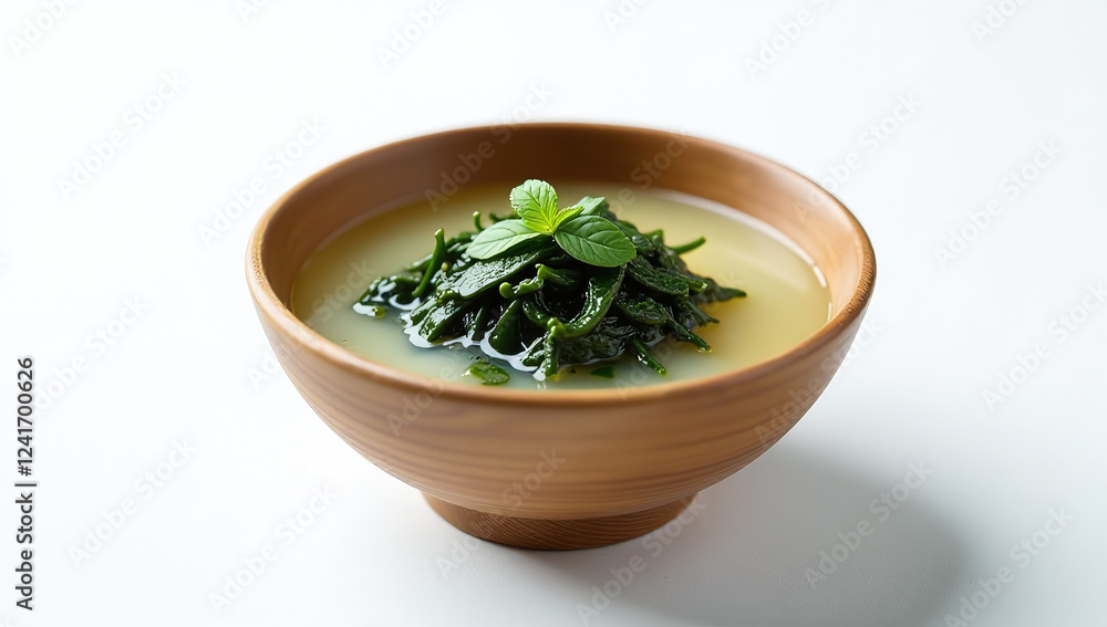 seaweed soup delicate wooden bowl sits alone stark white seaweed soup delicate wooden bowl sits alone stark white