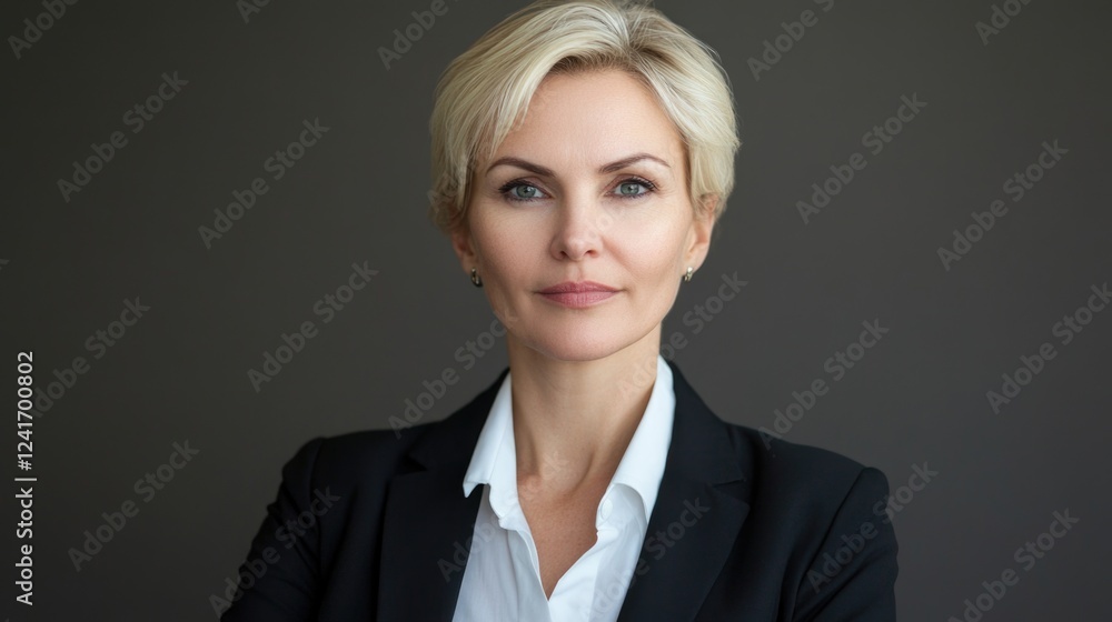Professional portrait of a confident middle-aged business woman with short blonde hair wearing a black blazer and white blouse against a dark gray background. Professional portrait of a confident middle-aged business woman with short blonde hair wearing a black blazer and white blouse against a dark gray background.