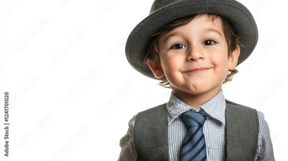 smiling young boy wearing grey fedora hat and patterned tie with vest making a funny face isolated on white background smiling young boy wearing grey fedora hat and patterned tie with vest making a funny face isolated on white background