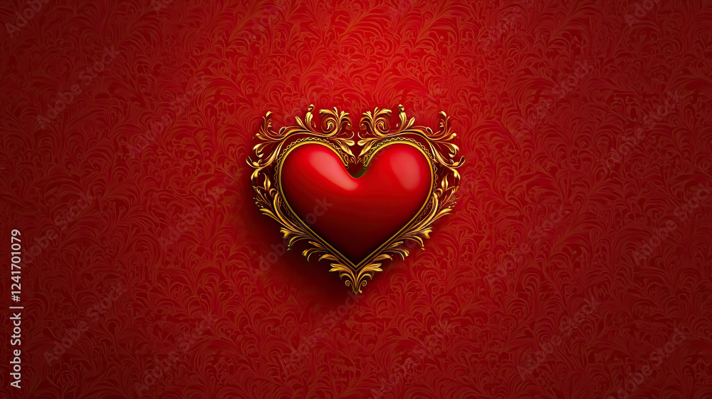 Elegant Red Heart with Ornate Gold Frame on Luxurious Red Background for Romantic Themes and Designs Elegant Red Heart with Ornate Gold Frame on Luxurious Red Background for Romantic Themes and Designs