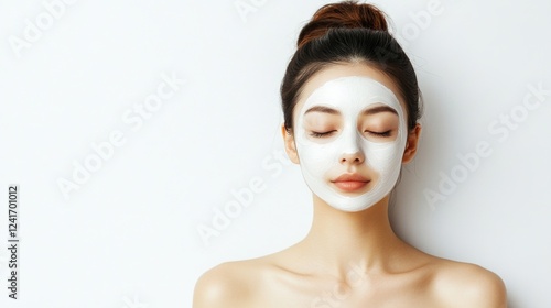 Relaxed young Asian woman with fresh skin and beauty mask on face, serene portrait on white background, spa treatment and self-care concept.