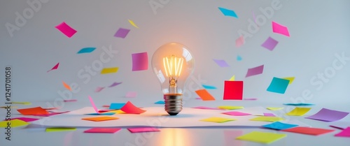 Bright Light Bulb on Paper with Colorful Notes.