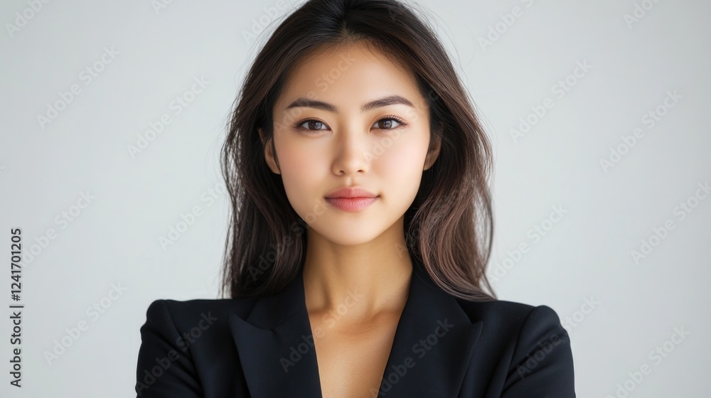 Confident young Asian businesswoman with long dark hair wearing a black blazer against a neutral background showcasing professionalism and determination. Confident young Asian businesswoman with long dark hair wearing a black blazer against a neutral background showcasing professionalism and determination.