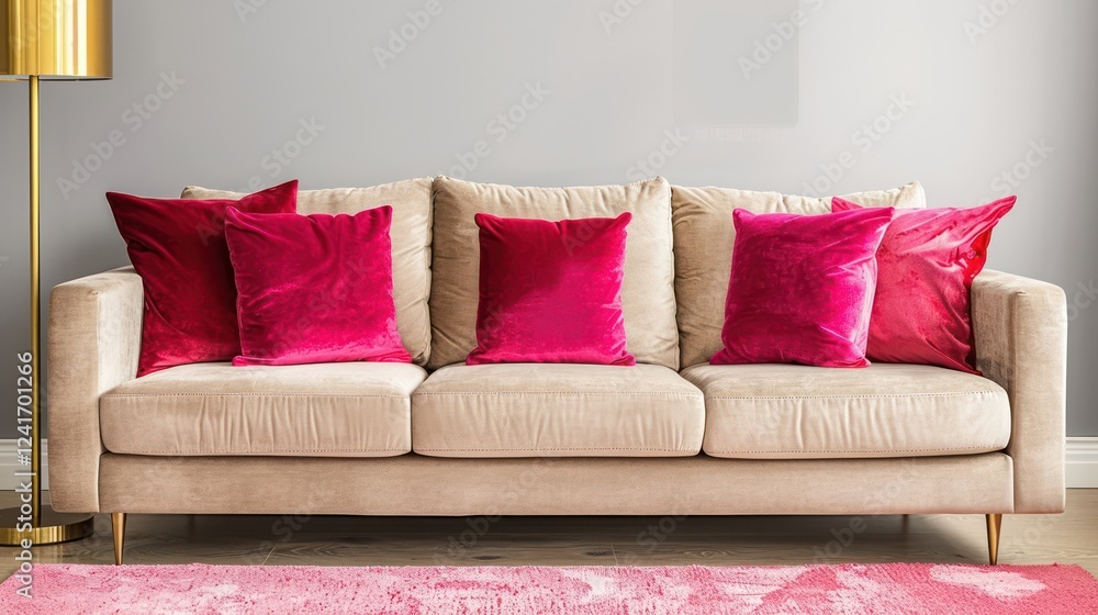 Sleek Living Room Decor featuring Beige Sofa and Bright Deep Pink Velvet Pillows, Coral Area Rug, and Gold Floor Lamp - Contemporary Interior Design Concept. Sleek Living Room Decor featuring Beige Sofa and Bright Deep Pink Velvet Pillows, Coral Area Rug, and Gold Floor Lamp - Contemporary Interior Design Concept.