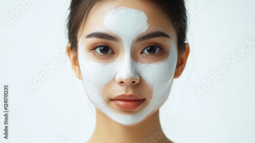 Young Asian woman with clean fresh skin applying facial mask on white background for beauty treatment and skincare cosmeceuticals in spa setting