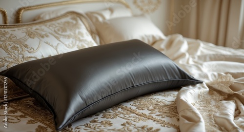 Black Silk Pillow Resting on Ornate Bedding. photo