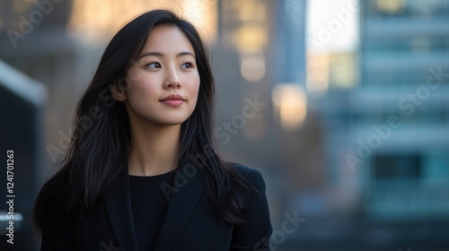 Confident Asian woman in a tailored black suit  standing outdoors in an urban cityscape  with soft sunlight illuminating her features.