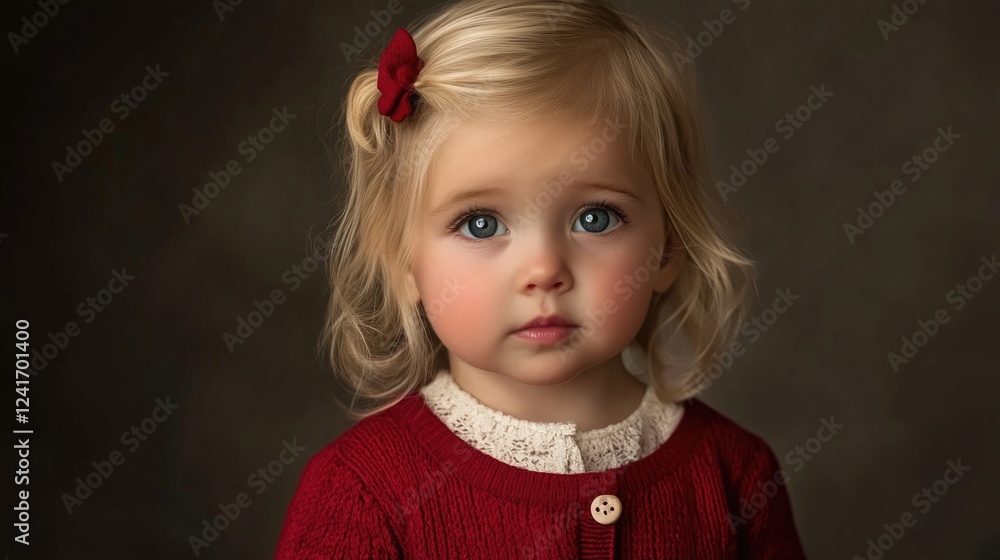 Captivating studio portrait of a beautiful blonde toddler girl with blue eyes wearing a cozy red cardigan and a matching hair bow, softly illuminated against a dark background. Captivating studio portrait of a beautiful blonde toddler girl with blue eyes wearing a cozy red cardigan and a matching hair bow, softly illuminated against a dark background.