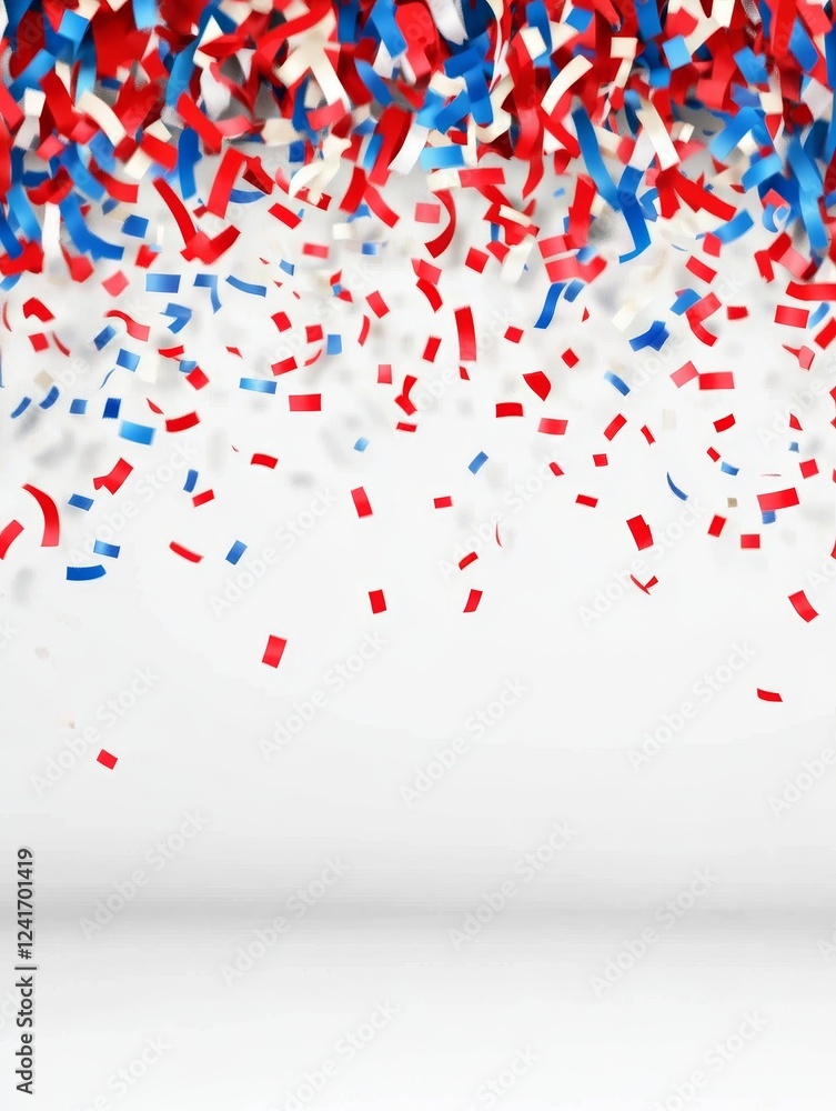 Fototapeta premium Festive Confetti Celebration - Red, white, and blue confetti falling on a white background, perfect for celebratory designs.