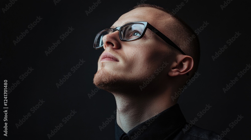 Obraz premium Contemplative Young Man with Glasses Gazing Upwards Against Dark Background in Studio Environment, Expressive Portrait with Subtle Lighting