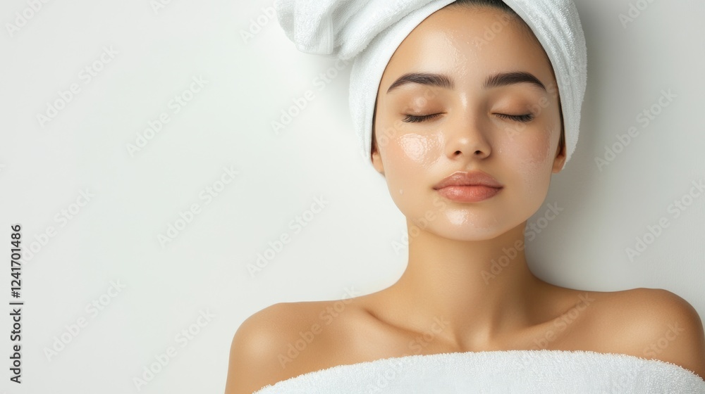 Serene young Asian woman with fresh, radiant skin wrapped in a white towel, relaxing against a clean white background in a spa treatment setting. Serene young Asian woman with fresh, radiant skin wrapped in a white towel, relaxing against a clean white background in a spa treatment setting.