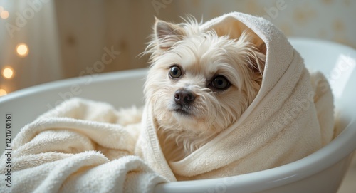 Adorable cute pet taking a bath and covered in towel photo