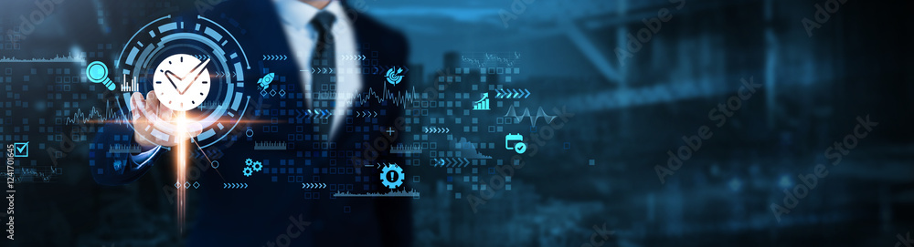 Fototapeta premium Time Management: Productivity tracking, task scheduling, workflow optimization, deadline management, efficiency improvement, resource allocation, Businessman analyses real-time technological data.
