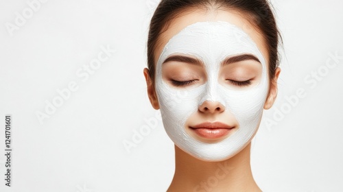 Young Asian woman with clean fresh skin wearing facial mask on white background for skincare treatment and beauty spa concept portrait.