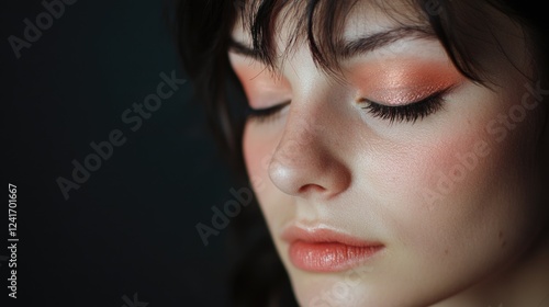 young woman with soft makeup featuring peach tones and dark hair against a dark background showcasing beauty and elegance  portrait photography photo