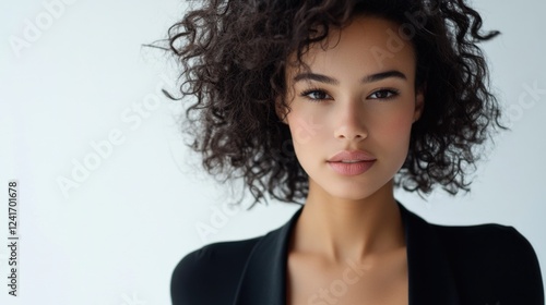 Stylish young woman with curly hair and natural makeup posing confidently against a bright white background, exuding elegance and beauty. photo