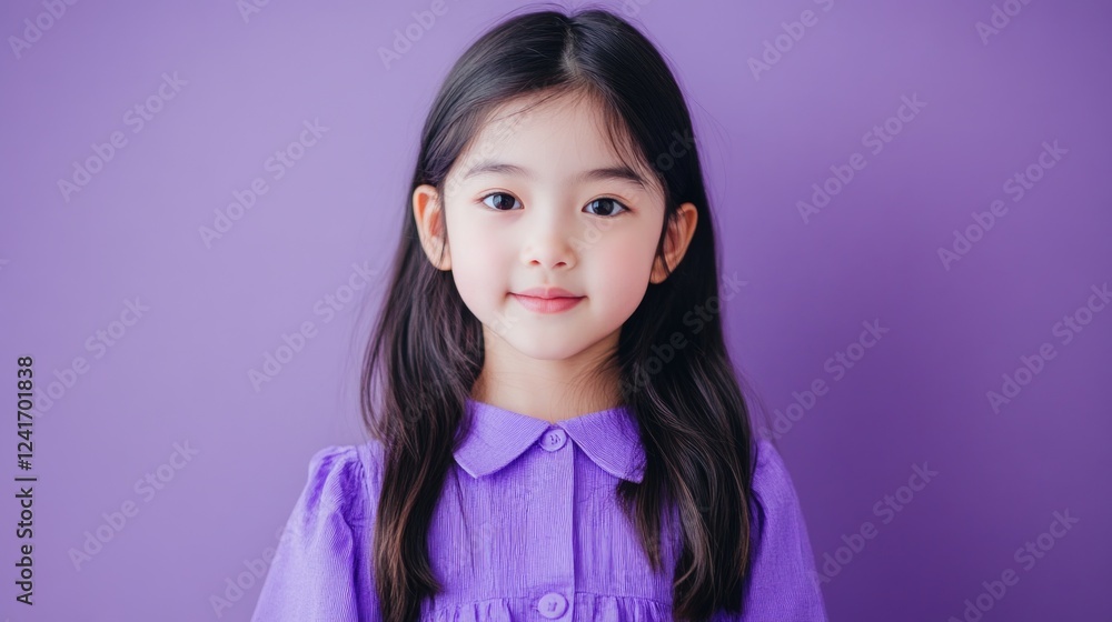 Young Asian girl wearing a stylish purple preppy dress, posing confidently against a smooth purple background, showcasing joy and innocence. Young Asian girl wearing a stylish purple preppy dress, posing confidently against a smooth purple background, showcasing joy and innocence.