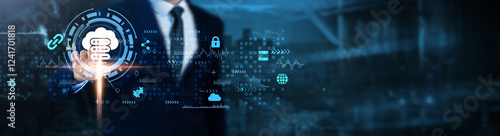 Web Hosting: Cloud infrastructure, server management, data security, uptime monitoring, resource allocation, scalability, virtual servers, Businessman analyses web hosting technological data.