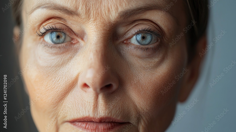 Close-up of mature woman with expressive features showcasing wisdom and beauty, soft natural light indoors, highlighting blue eyes and textured skin. Close-up of mature woman with expressive features showcasing wisdom and beauty, soft natural light indoors, highlighting blue eyes and textured skin.