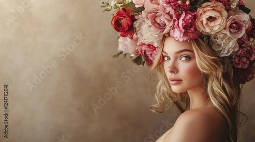 Young pregnant woman with blonde hair and blue eyes adorned with a floral crown, exhibiting a serene and ethereal expression. photo