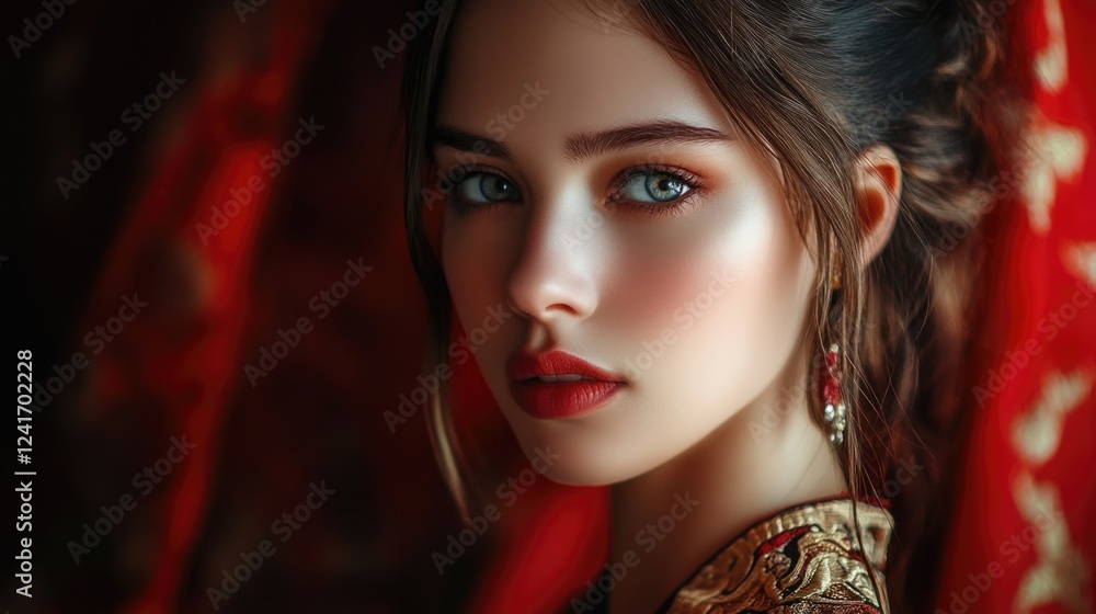 Captivating portrait of a young woman with striking blue eyes and soft skin, wearing traditional attire, set against a rich red backdrop. Captivating portrait of a young woman with striking blue eyes and soft skin, wearing traditional attire, set against a rich red backdrop.