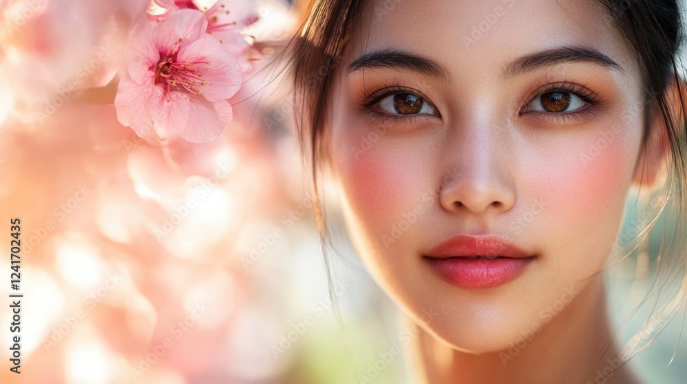 Portrait of young Asian woman with smooth complexion and full lips, surrounded by soft pink cherry blossoms in a warm, serene setting, highlighting natural beauty. Portrait of young Asian woman with smooth complexion and full lips, surrounded by soft pink cherry blossoms in a warm, serene setting, highlighting natural beauty.