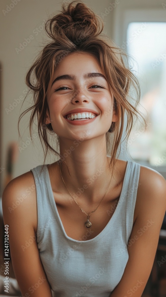 Young woman smiling with a natural look against a neutral background Young woman smiling with a natural look against a neutral background